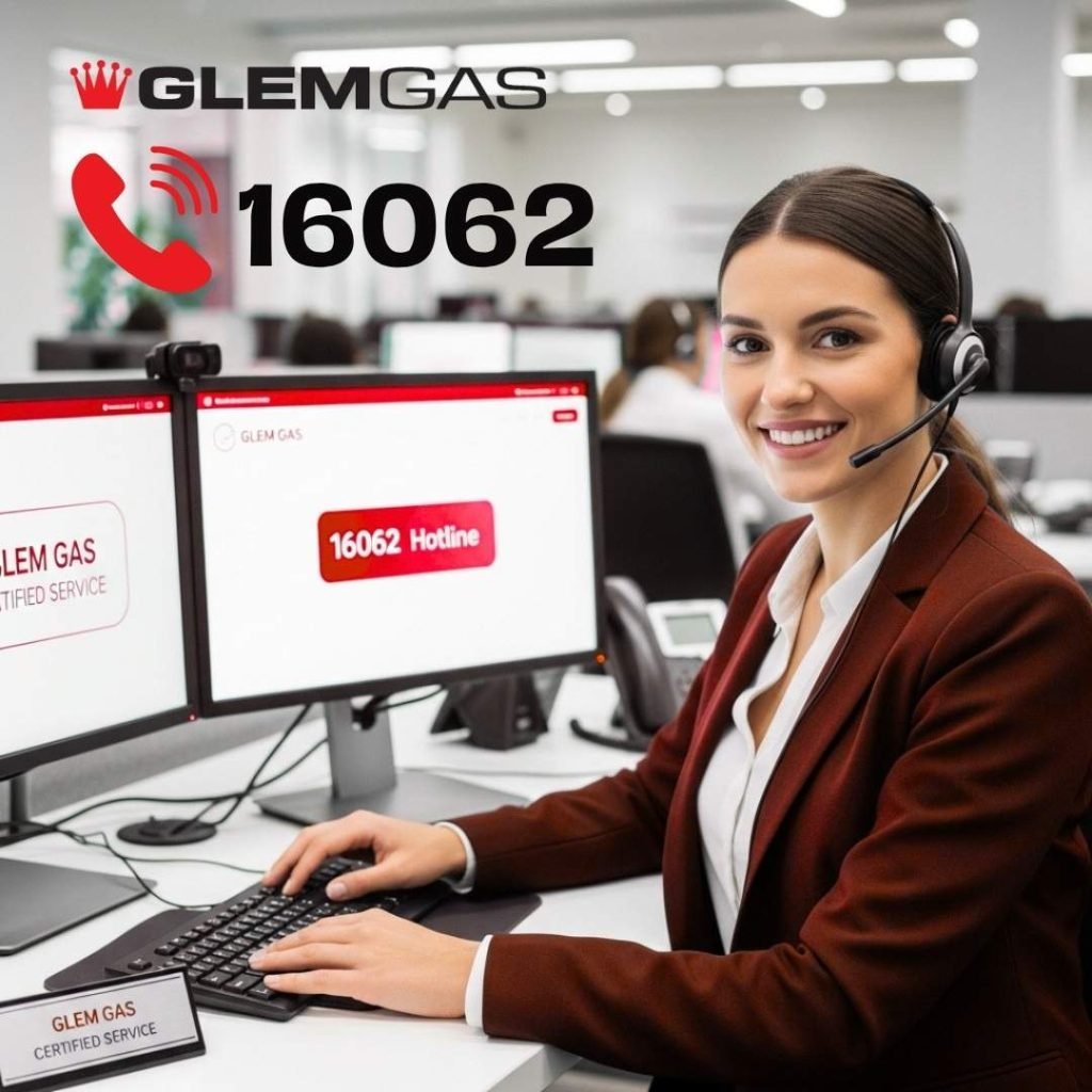 صورة ممثلة خدمة عملاء جليم جاز المعتمدة بمركز دعم فني حديث، تبتسم وتتحدث عبر سماعة رأس، توحي بالثقة والاستجابة السريعة لطلب حجز صيانة منزلية عبر الرقم 16062.